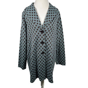 Nina Leonard Brown Blue Diamond Print Jacquard Knit Jacket Duster Chic Size XL